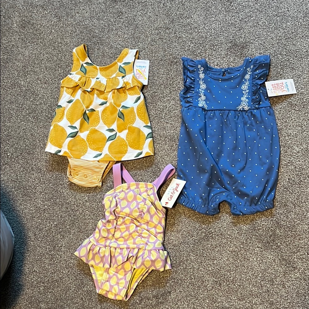 Lemon Print Top, Blue Romper, Purple lemon Swimsuit one piece